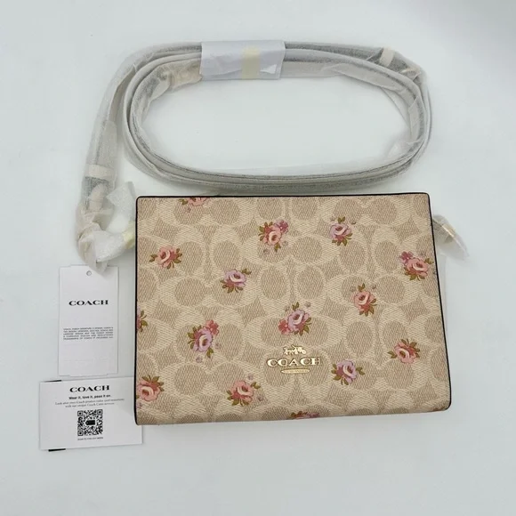 Coach Slim Crossbody Bag In Signature Canvas With Floral Print Gold Sand Multi - Picture 1 of 12